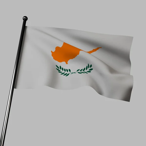 The Cyprus flag 3D rendering on gray features a white field with a copper-colored silhouette of the island and two olive branches. The colors symbolize peace and copper production, while the olive branches represent hope for peace.