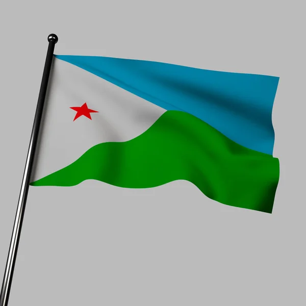 吉布提国旗在灰色背景下在3D中飘扬 蓝绿相间的条纹和白星象征着天空 希望和统一 — 图库照片