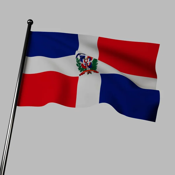 ドミニカ共和国の旗3Dは 白い十字 赤と青の長方形 腕のコートで灰色でイラストを振っています 色は自由 遺産を表します 豊かな歴史と文化を象徴する紋章 — ストック写真