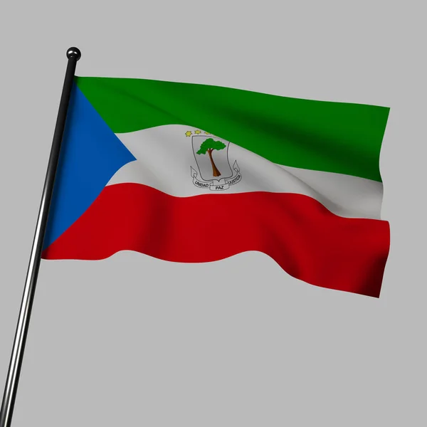 赤道几内亚国旗3D在灰色 白色和红色条纹 蓝色三角形和臂章上挥动 色彩代表自然资源 爱国主义 国徽具有历史 愿望的标志 — 图库照片