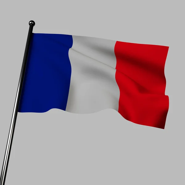 The French tricolor flag waves in the wind, standing out against a gray background in this 3D illustration. Comprised of blue, white, and red vertical stripes, the French flag is a symbol of liberty, equality, and fraternity.