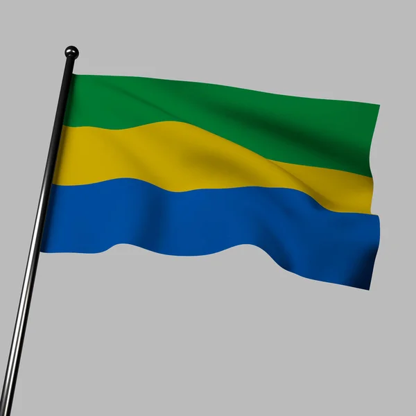 加蓬共和国的国旗在风中飘扬 在灰色背景的3D图像中描绘 它的水平绿带 黄带和蓝带据说代表了该国茂密的森林 赤道和大海 — 图库照片