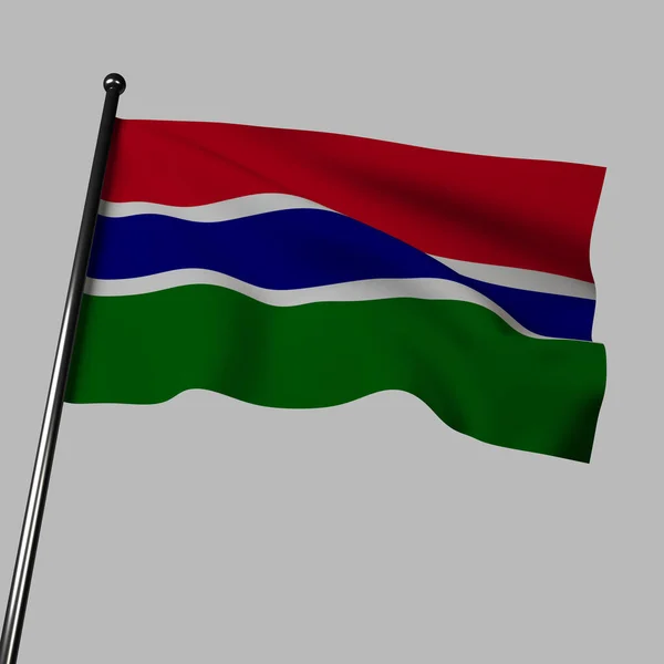 冈比亚的国旗在风中飘扬 与灰色隔离 绿色条纹 蓝色代表冈比亚河 绿色代表农业 红色代表独立斗争 白色代表和平 — 图库照片