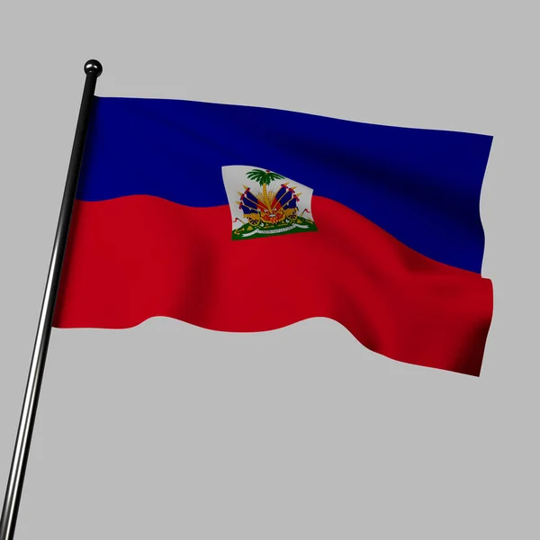 3D海地国旗在风中飘扬 与灰色隔离 它有两条水平的蓝色和红色条纹 白色面板上有海地国徽 国徽上有一棵棕榈树 一顶弗瑞吉亚帽 座右铭是 Union Fait Force — 图库照片