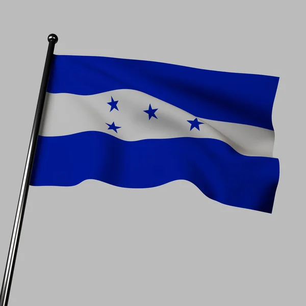 3D rendering of Honduras flag waving in the wind. The flag has 3 horizontal blue and white stripes and five blue stars in the centre. Blue represents the Pacific Ocean and Caribbean Sea, while the stars represent the five nations of Central America.