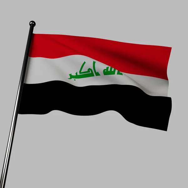 伊拉克国旗在灰色的背景上飘扬 有红色 白色和黑色三个水平条纹 颜色分别代表勇气 和平和奋斗 中间是 塔克比尔 Takbir 伊斯兰信仰的一句话 — 图库照片