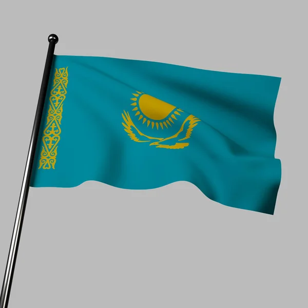 Kazachska Flaga Trzepocze Wietrze Szarym Tle Tym Renderingu Jasnoniebieski Kolor — Zdjęcie stockowe