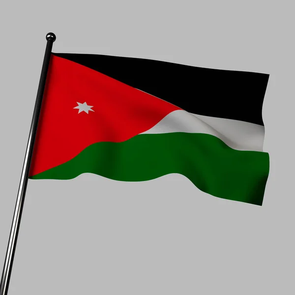 3D约旦国旗在灰色背景下飘扬 三色设计 白色和绿色 分别代表Abbasid Umayyad和Fatimid哈里发 红色三角形代表大阿拉伯起义 星辰象征着统一和希望 — 图库照片