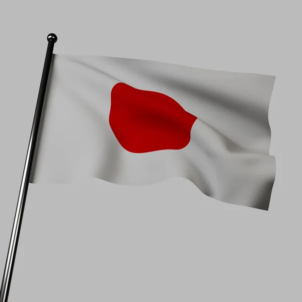 中立的な灰色の背景になびく日本の国旗の3Dレンダリング 白地には 太陽の円盤 と呼ばれる赤い丸が描かれ 朝日と日本の輝き 清純さ 誠実さを象徴しています — ストック写真
