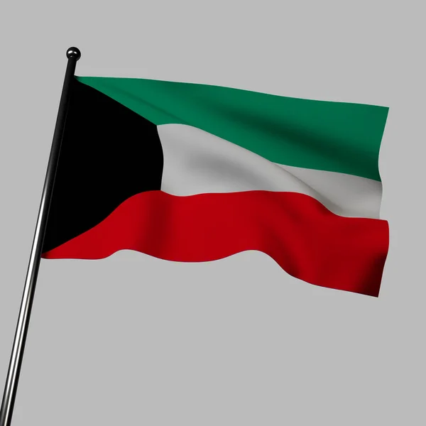 3D科威特国旗在灰色背景下飘扬 它是一个黑色的梯形在提升的一侧和三个水平条纹大小相等 国旗代表了这个国家丰富的传统 团结和爱国主义精神 — 图库照片