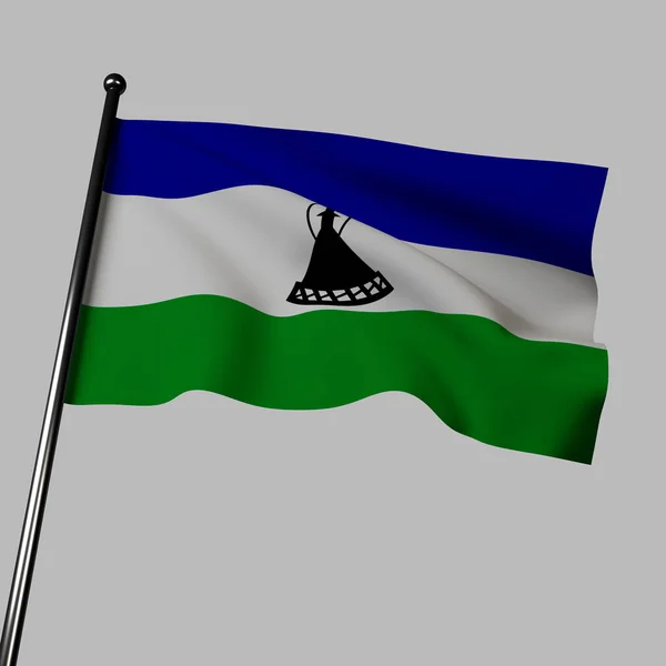 莱索托的国旗在这个3D图像的灰色背景上飘扬 它的特点是蓝色 白色和绿色的水平条纹代表雨 和平与繁荣 象征自然美与和谐 — 图库照片