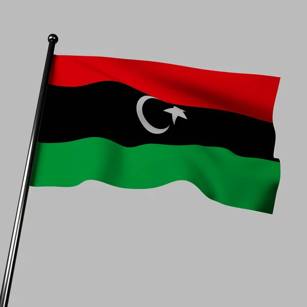 在这个3D图片中 利比亚国旗在灰色背景上飘扬 黑色和绿色是自由 统一和力量的象征 国旗上有一颗红星和一个月牙 象征着这个国家的传统 — 图库照片