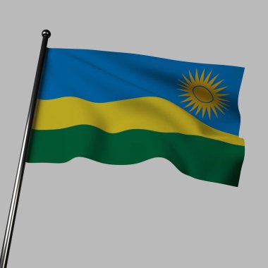 3D illustration of the Rwanda flag waving proudly. The flag features three horizontal stripes of blue, yellow, and green, symbolizing unity, economic development, and hope. clipart