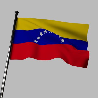The flag of Venezuela proudly waves in 3D, against a gray background. It features horizontal bands of yellow, blue, and red, with an arc of eight white stars in the blue band. The flag represents Venezuela's independence, courage, and natural beauty. clipart