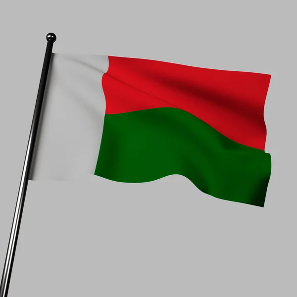 马达加斯加的国旗在灰色的背景下迎风飘扬 3D插图展示了绿色 红色和白色的三色旗 象征着这个国家苍翠的风景 顽强的生命力和纯洁 — 图库照片