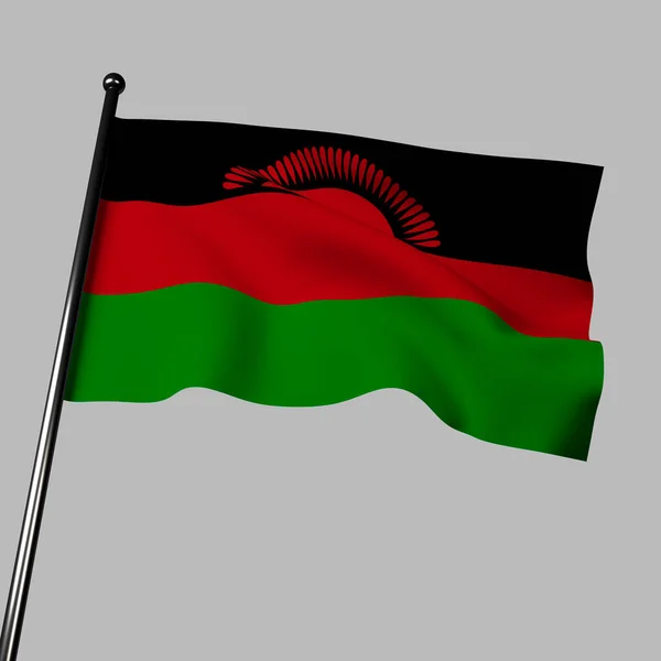 Malawi Bayrağı Gri Arka Planda Hafifçe Dalgalanıyor Siyah Kırmızı Yeşilden — Stok fotoğraf