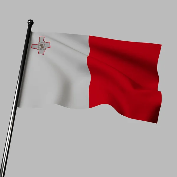 马耳他国旗在灰色的背景上迎风飘扬 3D图像的特点是白场与红十字会 白色代表纯洁与和平 红色代表勇敢与决心 — 图库照片