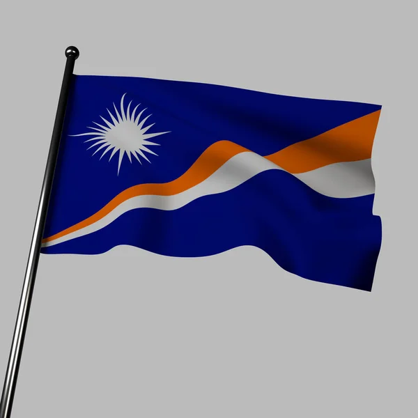 マーシャル諸島の旗は 灰色の背景に風に振っています オレンジと白の2本の斜めのストライプが入ったブルーのフィールドが特徴的な3Dイラスト 青は海を象徴し オレンジと白は勇気と平和と自由を象徴します — ストック写真