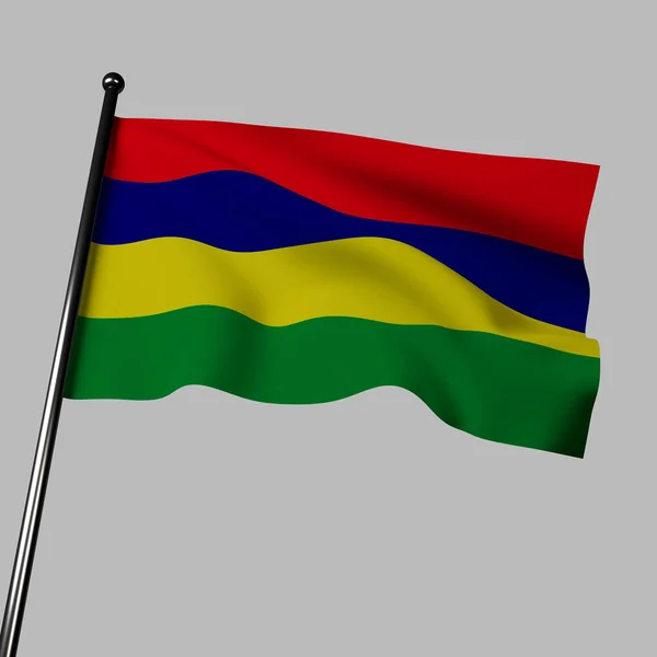 在灰色的背景上 毛里求斯国旗在风中飘扬 3D插图有四个水平条纹 分别是红色 黄色和绿色 颜色代表勇气 阳光和茂盛的植被 — 图库照片
