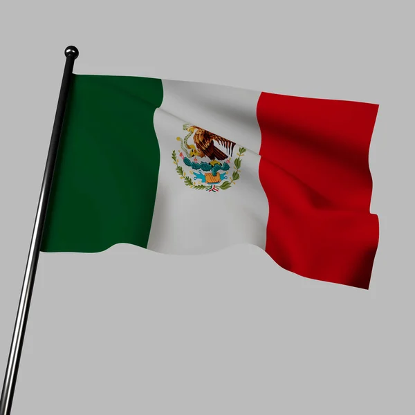 メキシコの旗は 灰色の背景に風に振っています 団結を表す緑 赤のストライプの3Dイラスト この紋章は アステカの遺産と独立を反映しています — ストック写真