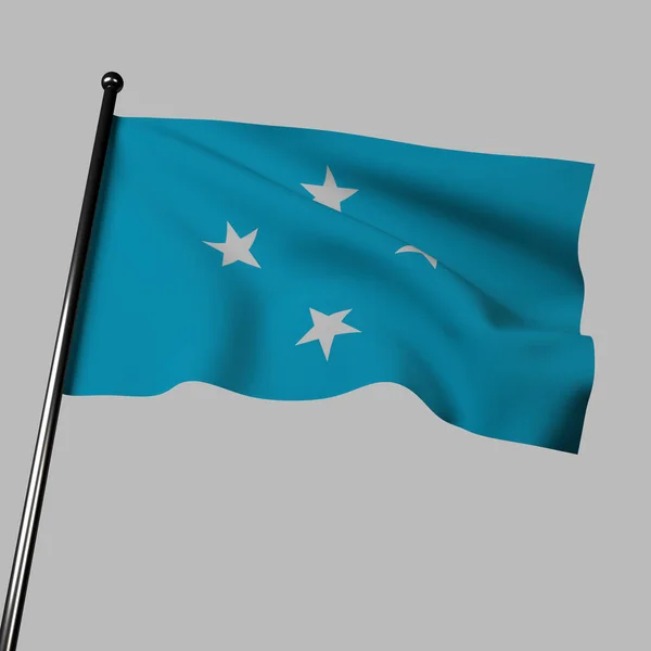 Mikronesiska Flaggan Viftar Vinden Grå Bakgrund Illustration Med Ett Ljusblått — Stockfoto