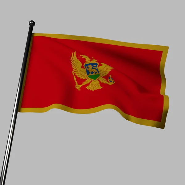 黑山国旗 一个3D插图 在灰色背景下摇曳 红色代表勇敢和力量 而金色的边界则象征着财富与和谐 国徽体现了黑山的历史和特征 — 图库照片