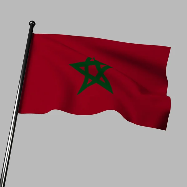 摩洛哥国旗 一个3D的例证 在灰色的背景下摇曳 它的红色代表勇敢 绿色代表伊斯兰 五角星代表所罗门的印章 — 图库照片