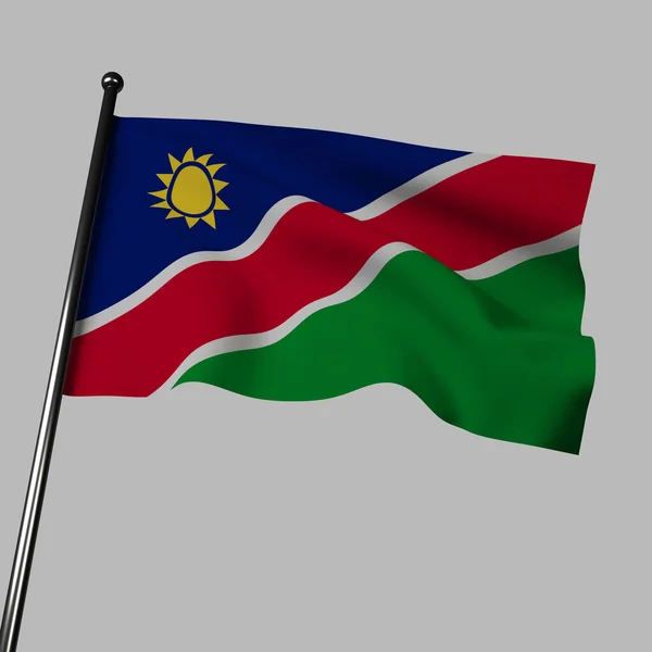 三维纳米比亚国旗在灰色背景下飘扬 蓝色代表天空和大西洋 绿色代表植被和国家的进步 太阳代表生命和能量 — 图库照片