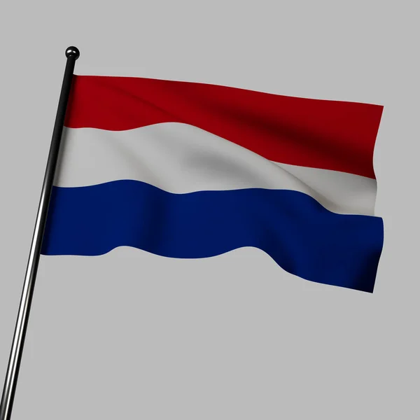 荷兰国旗在灰色背景上的三维渲染 它有三个水平带 红色代表勇气 白色代表纯洁 蓝色代表忠诚和正义 — 图库照片