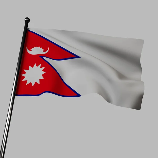 ネパールの国旗 3Dイラスト 灰色の背景の波 その真紅の色は勇気を表し 青い境界線は平和を象徴し 三日月は王族を意味します — ストック写真