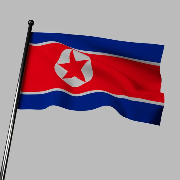 朝鲜的3D国旗在灰色背景下飘扬 红色的田野装饰着一条蓝色条纹 上面点缀着白星和一颗红星 是指朝鲜民主主义人民共和国的爱国主义 革命精神和社会主义 — 图库照片