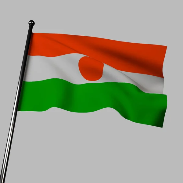 尼日尔国旗在灰色上飘扬的3D渲染 它有三个横向条纹 尼日尔河 和绿色 中心代表太阳的橙色圆圈 — 图库照片