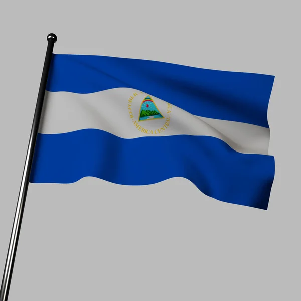 3D尼加拉瓜国旗在灰色上飘扬 由三个水平带组成 白色和蓝色 中间有臂章 蓝色象征着太平洋和加勒比海 而蓝色象征着自由 平等和博爱 — 图库照片