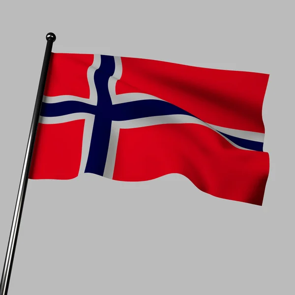 An isolated 3D illustration of the Norwegian flag waving on gray background. The flag has of a red field with a white Scandinavian cross. The cross symbolizes Christianity and represents Norway\'s cultural and historical ties to the Nordic region.