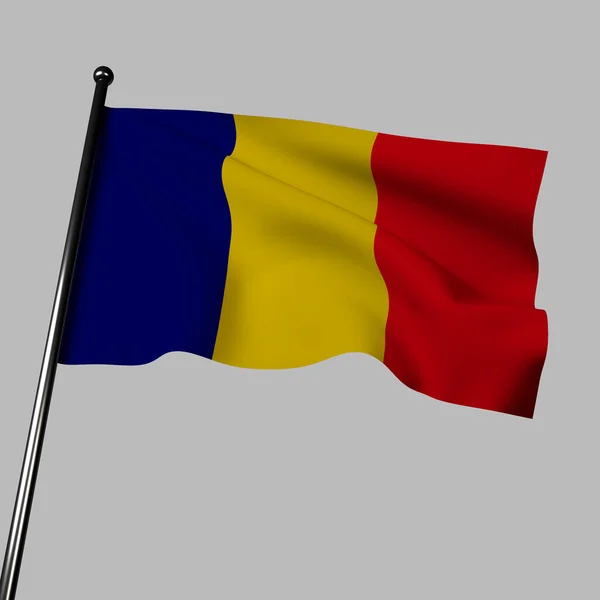 三维展示了在风中飘扬的罗马尼亚国旗 国旗由三个垂直条纹组成 黄色和红色 象征着自由 公正和勇敢 — 图库照片