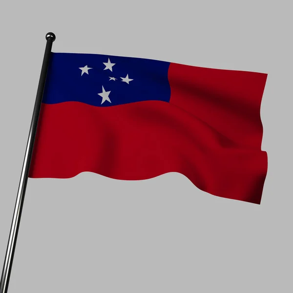 萨摩亚国旗自豪地挥动的3D图像 这面旗帜的特点是红色的田野 州内有蓝色长方形 上面装饰着代表南十字星座的五颗白星 象征着萨摩亚的航行技巧 — 图库照片