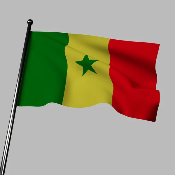 塞内加尔国旗自豪地挥动的3D图像 这面旗帜由绿色 黄色和红色这三个垂直条纹组成 代表着希望 阳光和塞内加尔人民为自由而做出的牺牲 — 图库照片