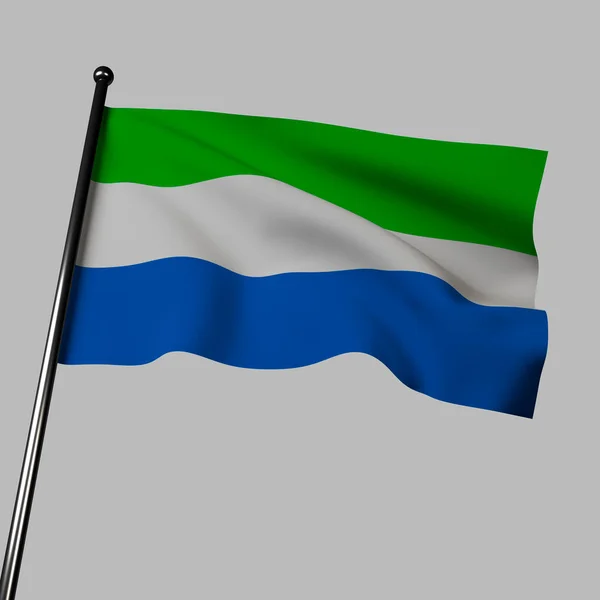 塞拉利昂国旗在风中飘扬的3D图像 与灰色隔离 三个水平的绿色 白色和蓝色条纹 左边有一个绿色和白色的水平三角形 — 图库照片