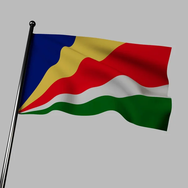 塞舌尔的国旗在这个3D图像中飘扬 在灰色背景下被隔离 它有五个蓝色 白色和绿色的斜带 代表了国家对美好未来 统一和自然美的渴望 — 图库照片