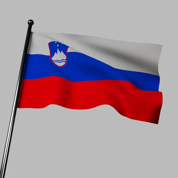 3D illustration of Slovenia\'s flag waving on a gray background. The flag features three horizontal stripes and a shield emblem. The blue stripe represents Slovenian skies and lakes, the white is for mountains, the red represents courage and love.