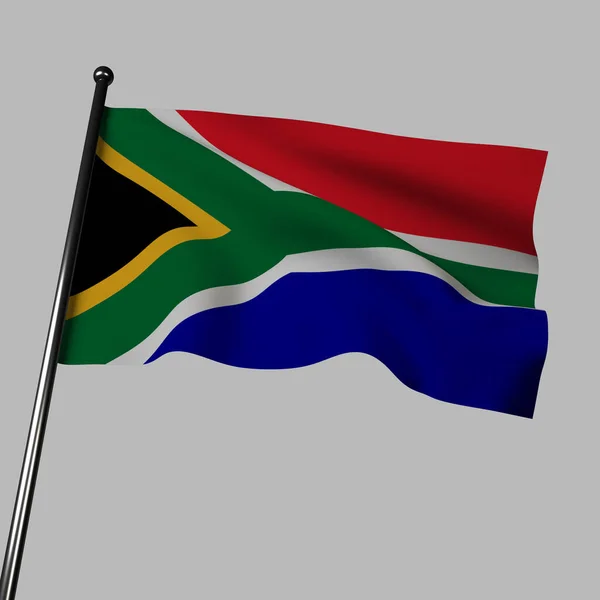 说明南非的国旗在风中飘扬 在灰色的背景下与世隔绝 国旗的横幅由红色 白色和蓝色组成 代表了组成全国多元人口的各个政党的颜色 — 图库照片