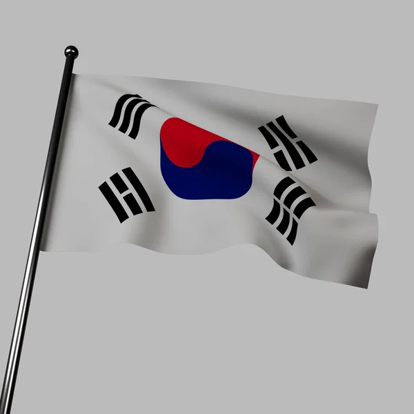 灰色の背景に隔離された風の中で手を振って韓国の国旗のイラスト 旗の中央には 赤と青の陰陽のシンボルであるTaegukがあり 対立する勢力と調和のバランスを表しています — ストック写真
