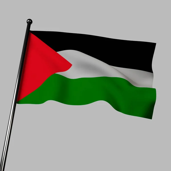 关于在风中飘扬的巴勒斯坦国国旗的三维图解 用灰色隔开 由黑色 白色和绿色的水平条纹组成 左边是红色三角形 象征着争取独立的斗争和巴勒斯坦遗产 — 图库照片