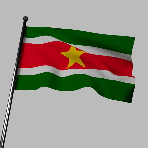 3D苏里南的国旗在风中飘扬 与灰色隔离 旗帜有绿色 白色和红色的水平条纹 中间有一颗黄星 颜色象征着苏里南的富饶 公正和进步 而星星代表着团结 — 图库照片