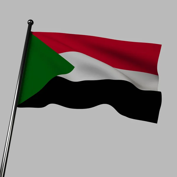 3D苏丹国旗在风中飘扬 与灰色隔离 旗子的水平带由红色 白色和黑色组成 在升降端有一个绿色三角形 这些颜色代表了该国争取独立 和平和农业财富的斗争 — 图库照片