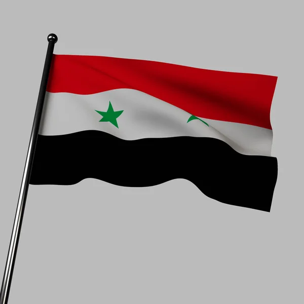 叙利亚的3D国旗在风中飘扬 与灰色隔离 国旗有三个水平带 中间有两颗绿星 这些颜色是阿拉伯叙利亚共和国的 而星星则象征着统一和执政党 — 图库照片