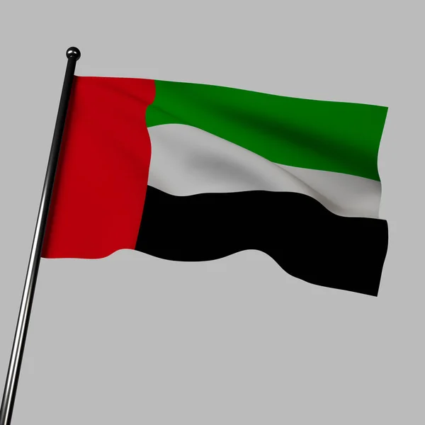 阿拉伯联合酋长国的国旗在这个3D图像中 在灰色背景下优雅地在风中飘扬 它的特点是水平带的绿色 白色和黑色 与垂直的红色条纹在提升机侧 — 图库照片