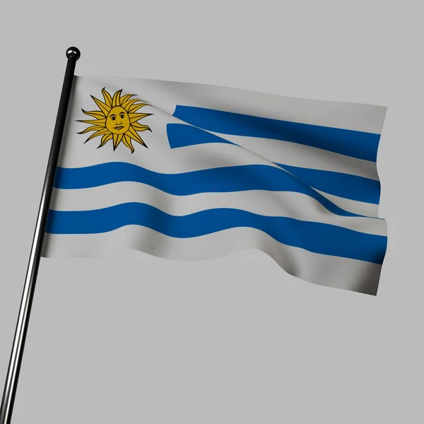 在灰色背景下 乌拉圭国旗自豪地在3D中飘扬 它的特点是横向条纹白色 太阳和白色 中间有一个金色的太阳标志 这面旗帜象征着自由 和平和国家阳光灿烂的气质 — 图库照片