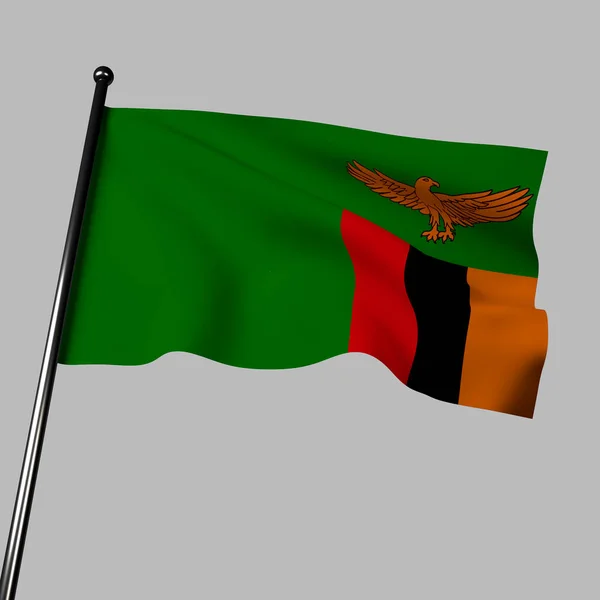 잠비아 국기가 배경에 흔들고 깃발에는 비행중인 오렌지색 독수리가 찬송가쪽에 잠비아의 — 스톡 사진
