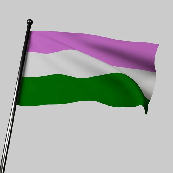 性别怪异的3D旗帜优雅地飘扬 表示拒绝性别二元性并接受不同性别认同的个人 Lgbtq符号的薰衣草 白色和绿色条纹4条 — 图库照片